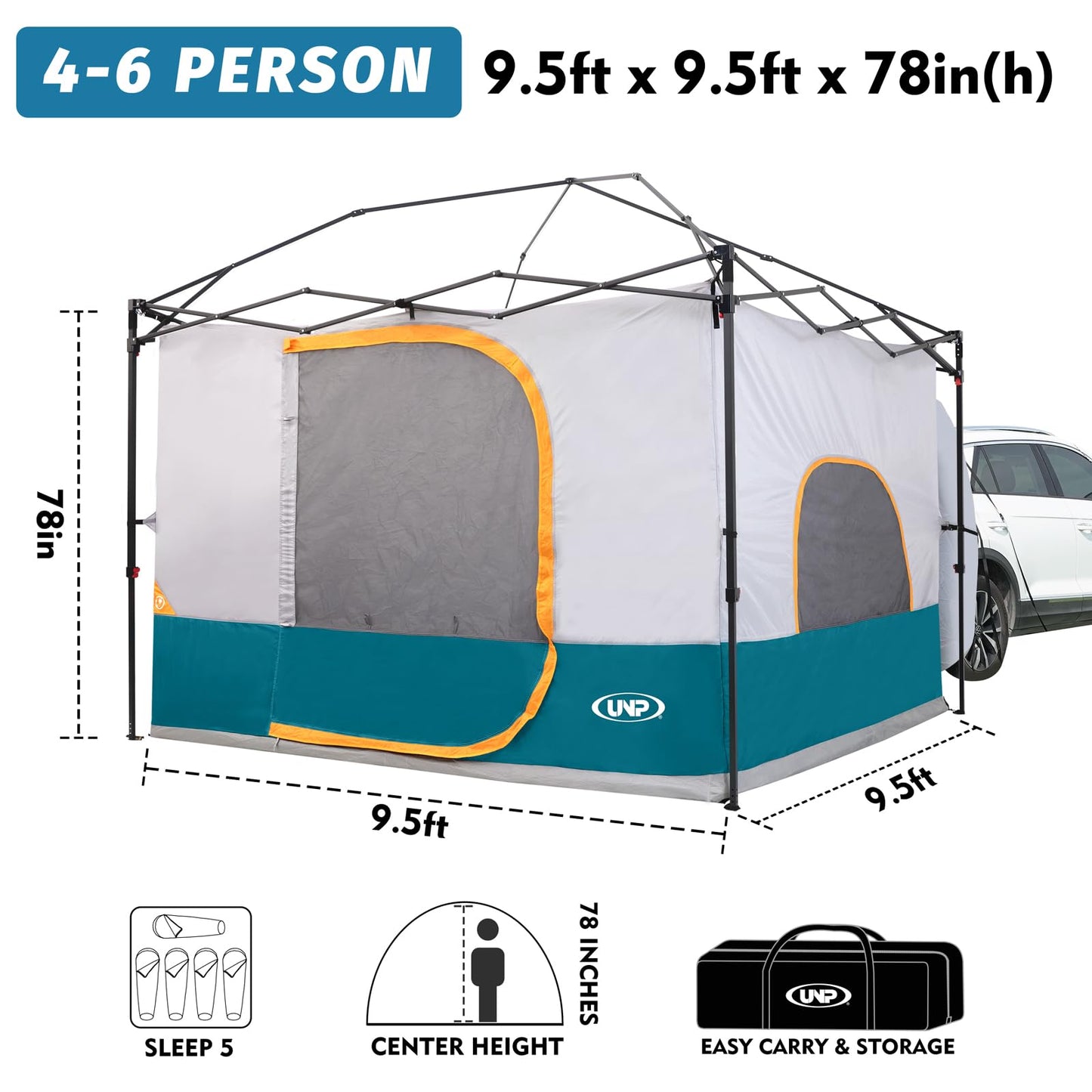 UNP Camping Cube Tent 10'x10' - Converts 10' Straight Leg Canopy into Camping Tent - Connect Jeep & SUV Tailgate - Ocean Blue (Canopy Pole/Shelter NOT Included)
