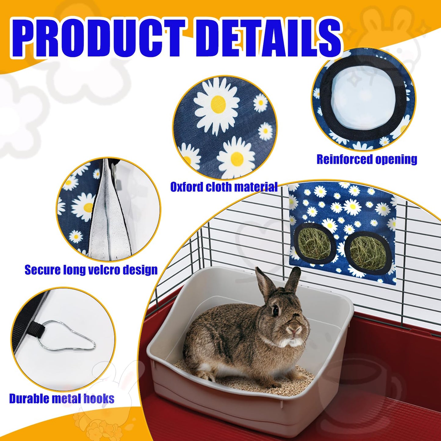 2 Pcs Rabbit Hay Feeder Bag, Hanging Hay Feeder for Small Pets - Guinea Pigs, Rabbits, Chinchillas, Hamsters - Washable Bunny Hay Bag with 2&3-Hole Design (Daisy)