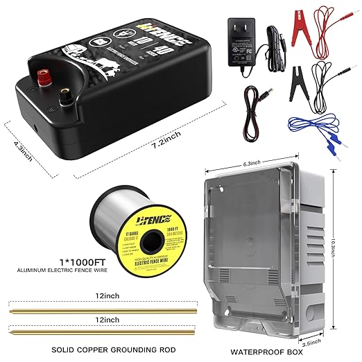 AC/DC 2 in 1 Power Supply, Electric Fence Energizer Kit for 10 Mile Preventing Wild Animal Intrusion, 40 Acre Coverage, 12V Input, 12KV 2 Joule Output, Electric Fence Charger for Livestock