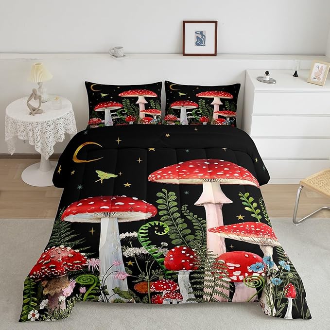 Castle Fairy Red Mushroom Girls Comforter Set Full Size,Magical Plant Snail Duvet Sets Teens Bedroom Decor,Jungle Botanical Brushed Microfiber Soft Bedding Comforter