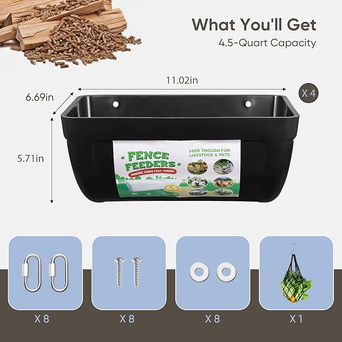 4 Pack Goat Feeders Hanging, Chicken Feeder, with Clips Hanging Fence Feeders, 4.5 Quart Feed Buckets for Horses, Duck Feeder, Chicken Water Feeder, Poultry Feeding Trough