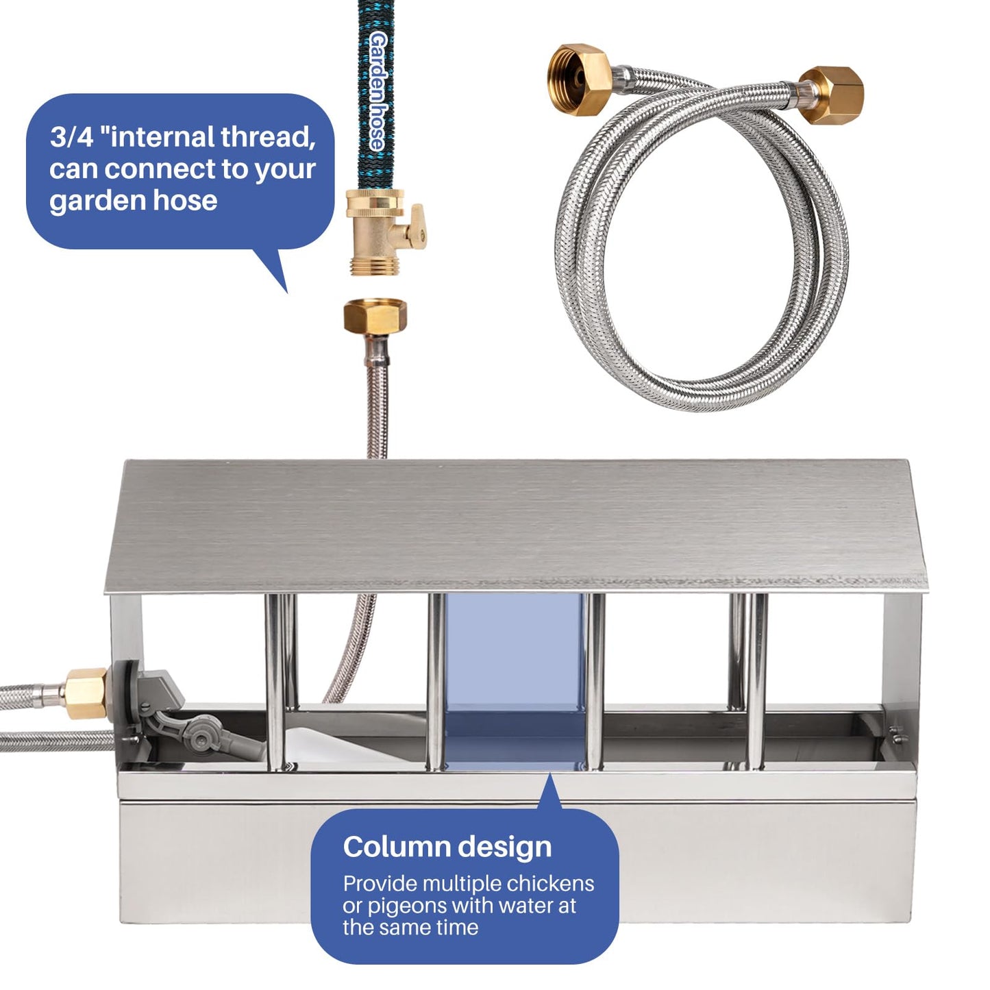 Automatic Chicken Waterer Stainless Steel Large Metal Chicken Waterer System Poultry Waterer Dispenser with Float Valve Kit Hose Accessories for Pigeon, Duck, Goose