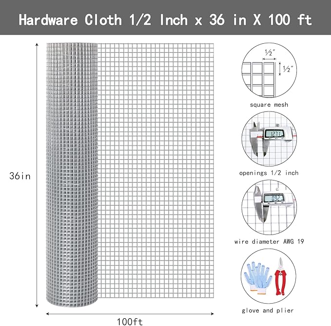 Thinkahead Hardware Cloth 1/2 Inch 36 X 100 ft 19 Gauge, Chicken Coop Wire Fencing, Hot Dipped Galvanized Wire Mesh, Hardware Cloth for Chicken Coop, Rabbit Cages, Garden, Small Rodents Screen Fence