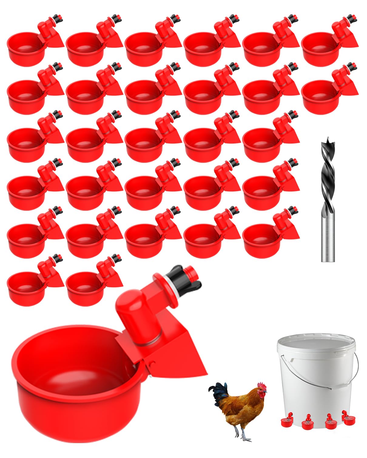Professional Chicken Waterer Cups, 30 Packs Large Automatic Poultry Water Feeder with Tee Fittings - Leakproof Design for Ducks, Chickens, Geese, Turkeys, Birds - Includes Mounting Hole Opener Tool