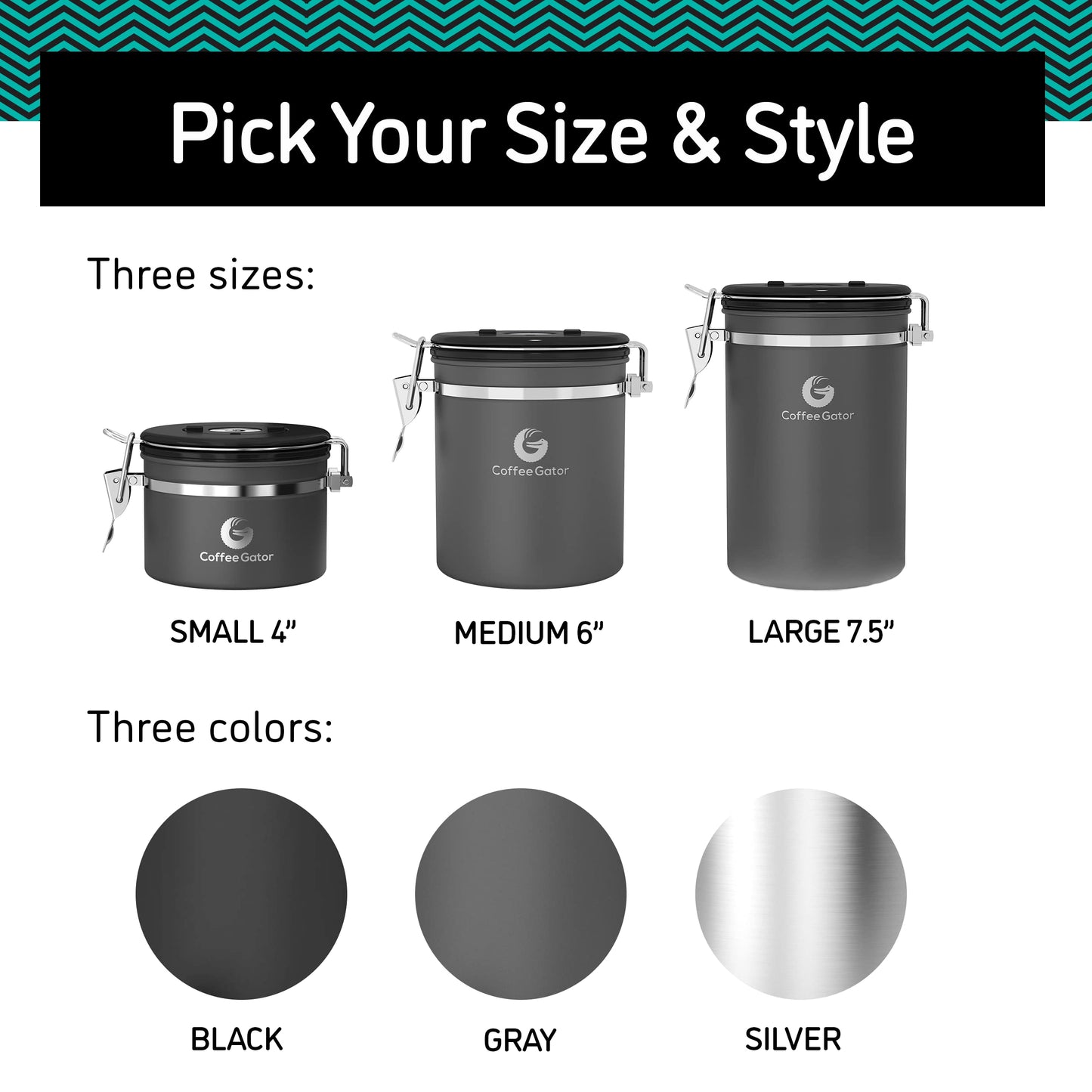 Coffee Gator Coffee Canister, 11oz Airtight Stainless Steel Kitchen Food Storage Container with Date Tracker, CO2-Release Valve and Scoop for Sugar, Beans, Tea, Sugar, Cereal, Cookies Jars - Black