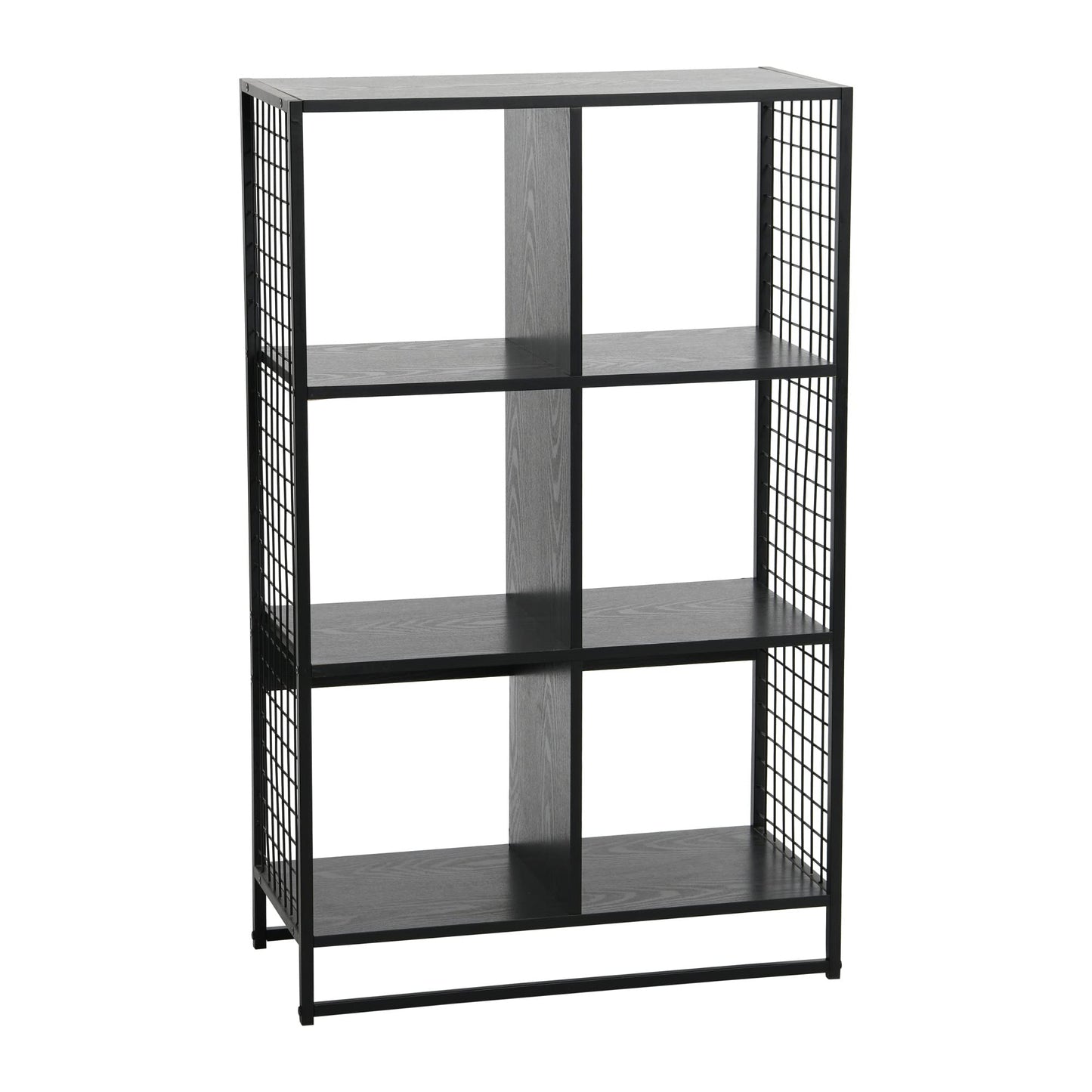 Household Essentials Trellis Open Storage Bookshelf with 6 Cube Compartments Black Oak Wood Grain and Black Metal
