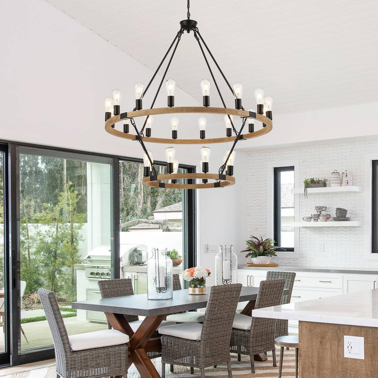 brfaixla 2-Tiers Natural Wagon Wheel Wood Chandelier Farmhouse 24-Light(16+8) 43.34’’, Black Metal Chandeliers 2-Story Rustic Light Fixtures for High Ceiling Living Dining Room Foyer