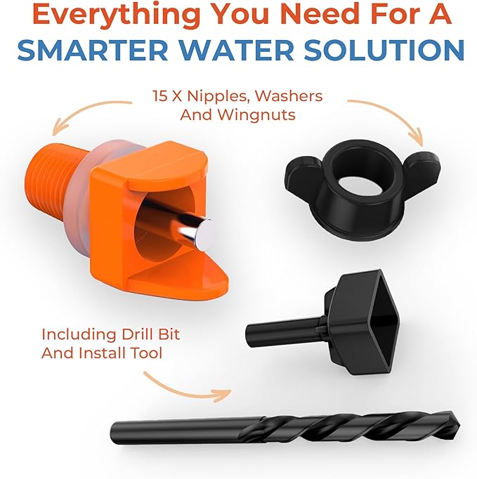 Lil'Clucker Horizontal Chicken Waterer Nipples, Pack of 15 Chicken Nipple Waterer with Drill Bits, Easy Install Automatic Chicken Waterer System, No Leak Chicken Water Feeder, Poultry Waterer - Orange