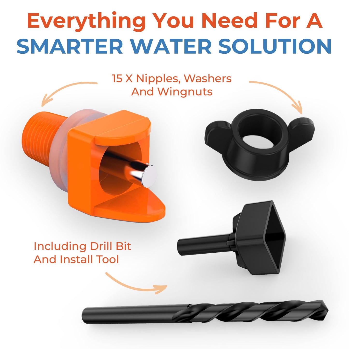 Lil'Clucker Horizontal Chicken Waterer Nipples, Pack of 15 Chicken Nipple Waterer with Drill Bits, Easy Install Automatic Chicken Waterer System, No Leak Chicken Water Feeder, Poultry Waterer - Orange