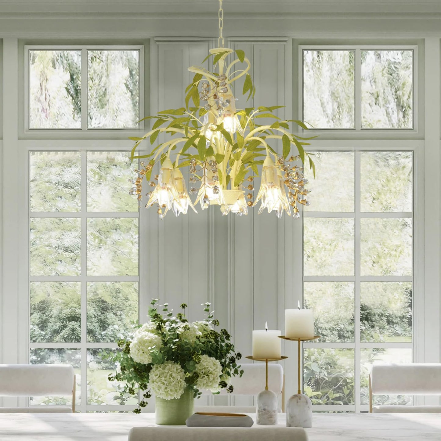 Crystal Chandeliers, Dining Room Pendant Light, Bedroom Floral Ceiling Light Fixtures, Tree Branch Rustic Outdoors Glass Pendant Lights, for Living Room, Farmhouse, Foyer, Kitchen, Entryway, E12 Base