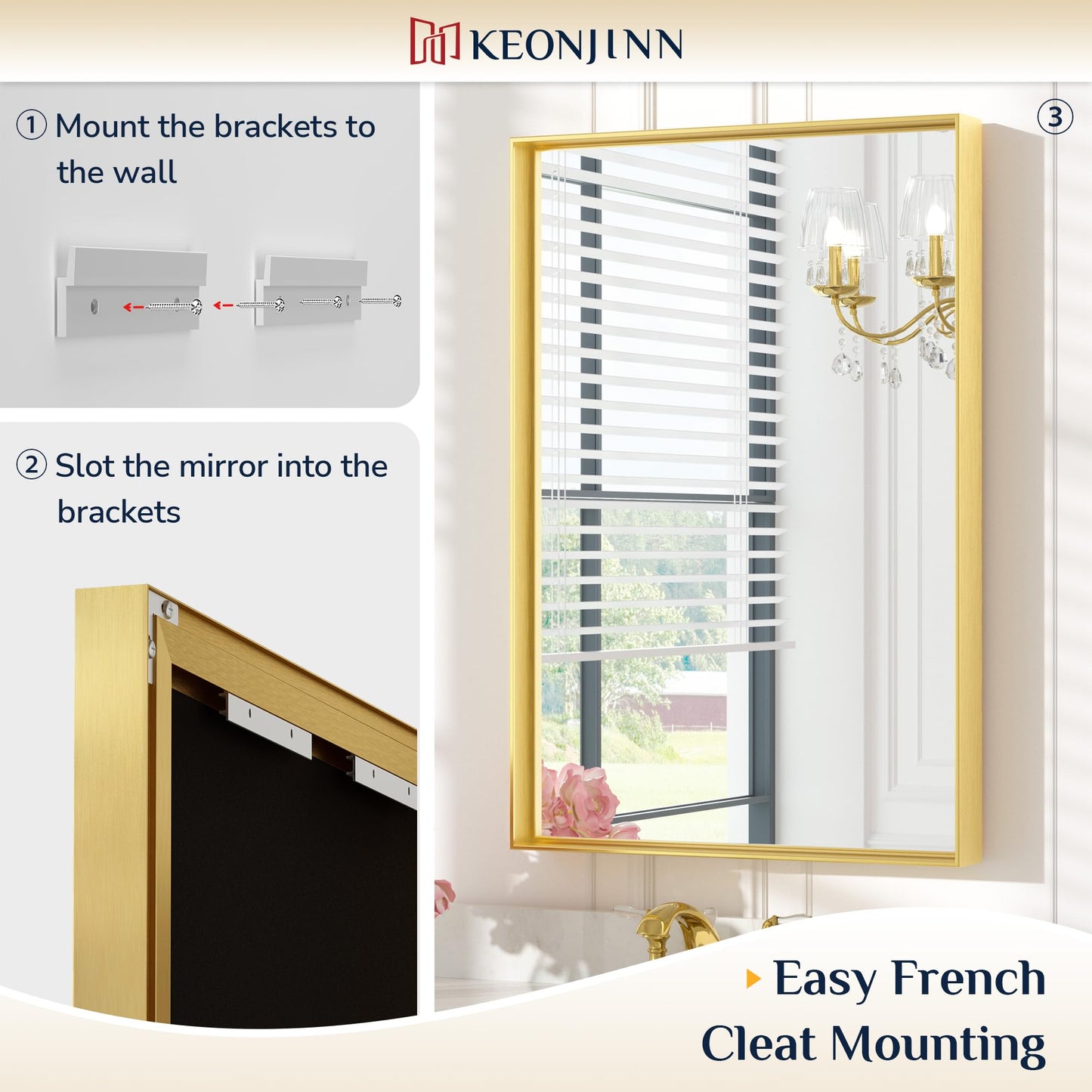 Keonjinn Brushed Gold Bathroom Mirror 60” x 30” Metal Framed Rectangular Wall Mirror Large Farmhouse Bathroom Mirrors Rectangle Gold Wall-Mounted Vanity Mirrors(Horizontal/Vertical)