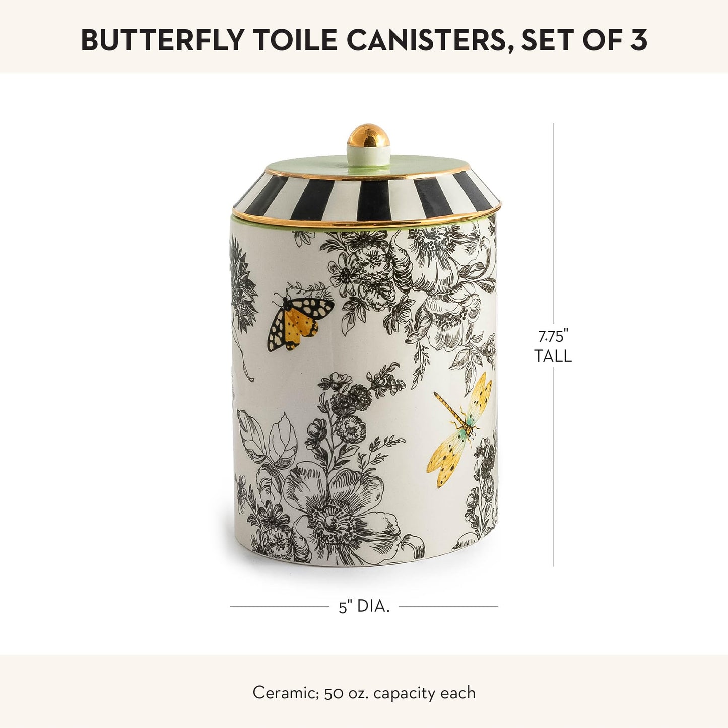 MACKENZIE-CHILDS Set of 3 Ceramic Canisters, Lidded Kitchen Canister Set, Butterfly Toile
