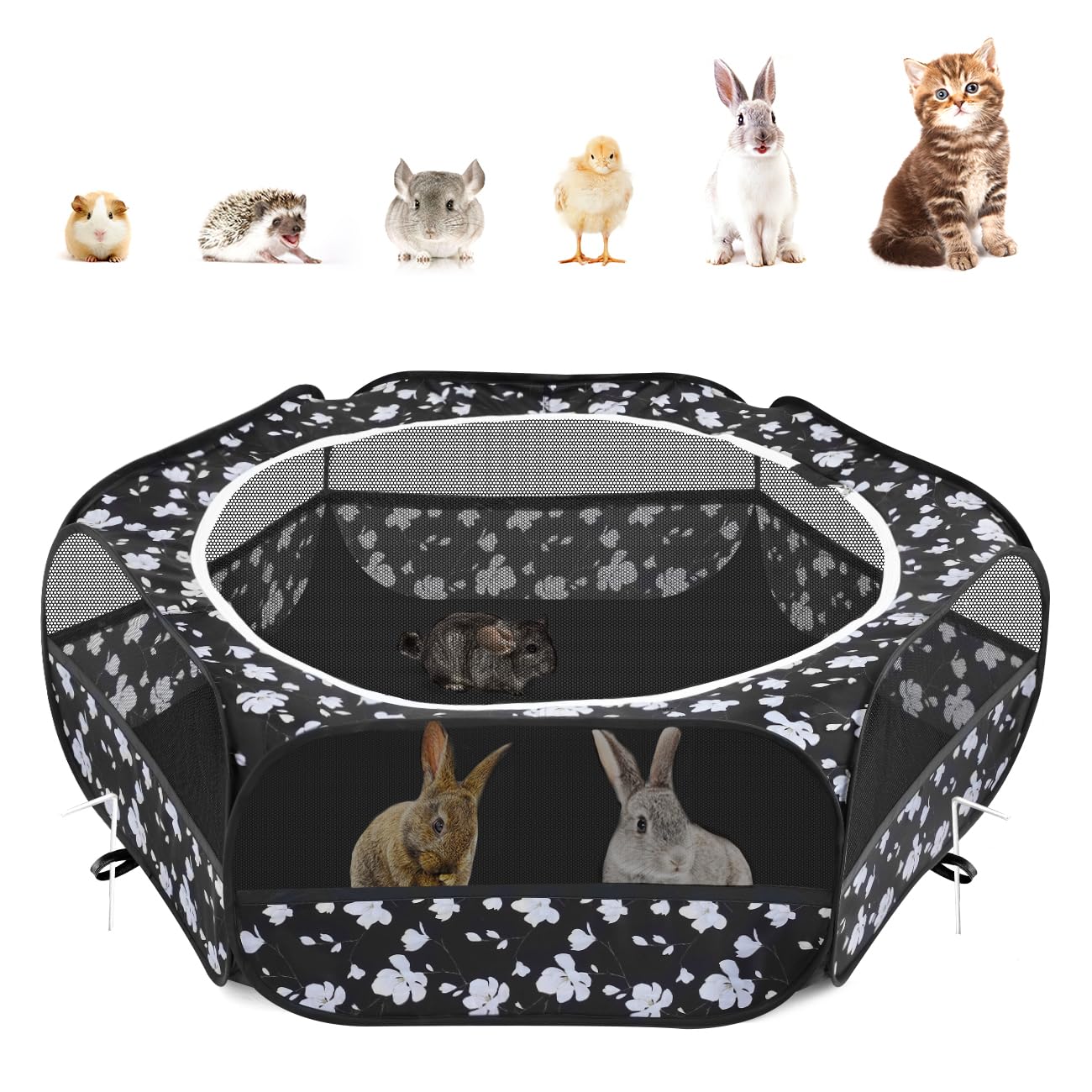 Pawaboo Small Animals Playpen, Waterproof Small Pet Cage Tent with Zippered Cover, Portable Outdoor Yard Fence with 3 Metal Rod for Chick/Kitten/Puppy/Guinea Pig/Rabbits/Hamster/Chinchillas, Magnolia