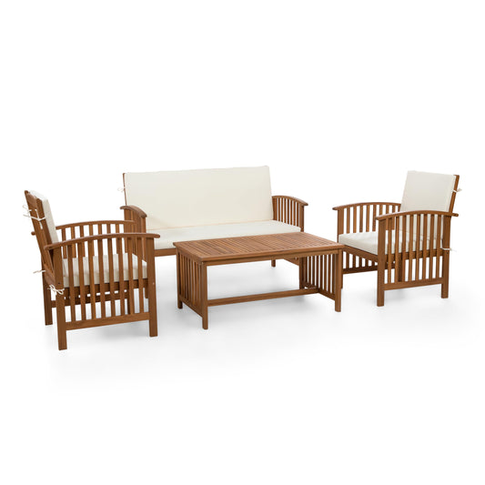 Greemotion Kyushu Farmhouse Acacia Wood 4-Piece Patio Set with Weather-Resistant, Include Tie-Back Cushions for Deck, Backyard, Lawn, Garden, Beige and Natural Brown