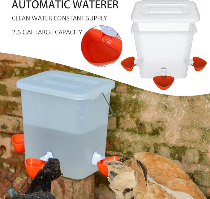 Automatic Chicken Feeder and Waterer Set Chicken Feed Bucket with 3 Feeders Ports Poultry Waterer Water Cups