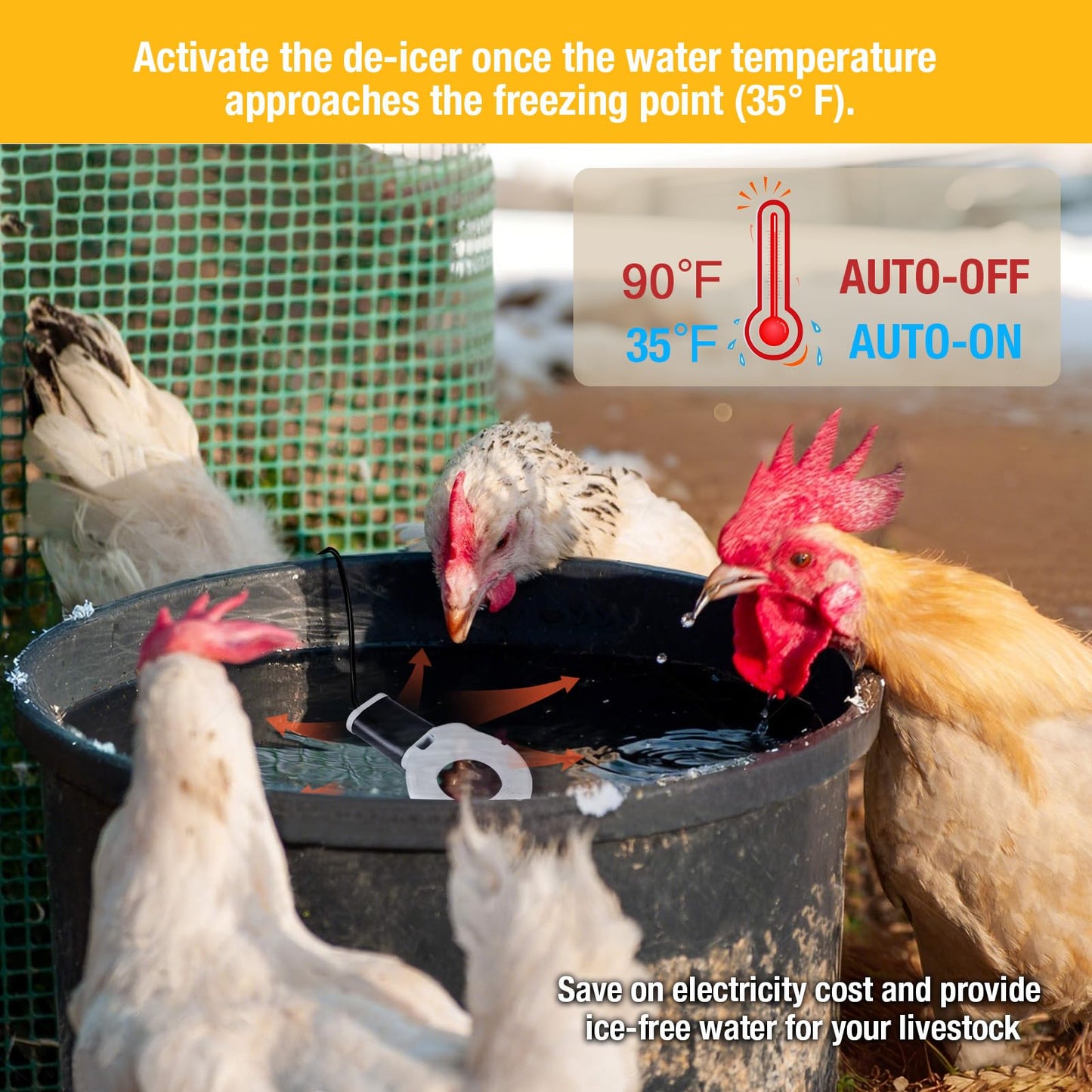 comincia 150W Heated Chicken Waterer, Chicken Water Heater for Poultry Waterer Winter, Cast Aluminum Submersible Deicer,Heated Bird Bath with Thermostat for Duck Goose Cow Livestock