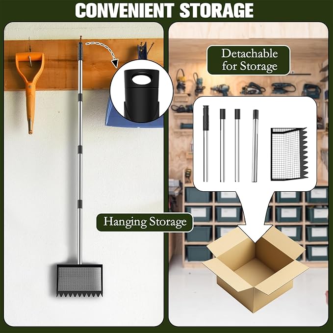 Chicken Coop Rake and Scoop 2-in-1 Chicken Poop Scooper 62" Adjustable Stainless Steel Sifting Shovel for Sand,Animal Waste Heavy Duty Dog Pooper Scooper for Coops & Pets