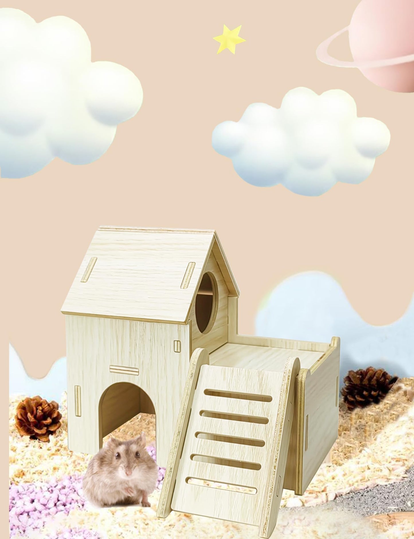 Sirvarni Hamster Hideout Cage Accessories - Hamster House and Habitat Wooden Hide Hut with Climbing Ladder and Platform for Dwarf Gerbils and Mouse Mice Rat Other Small Animals etc.