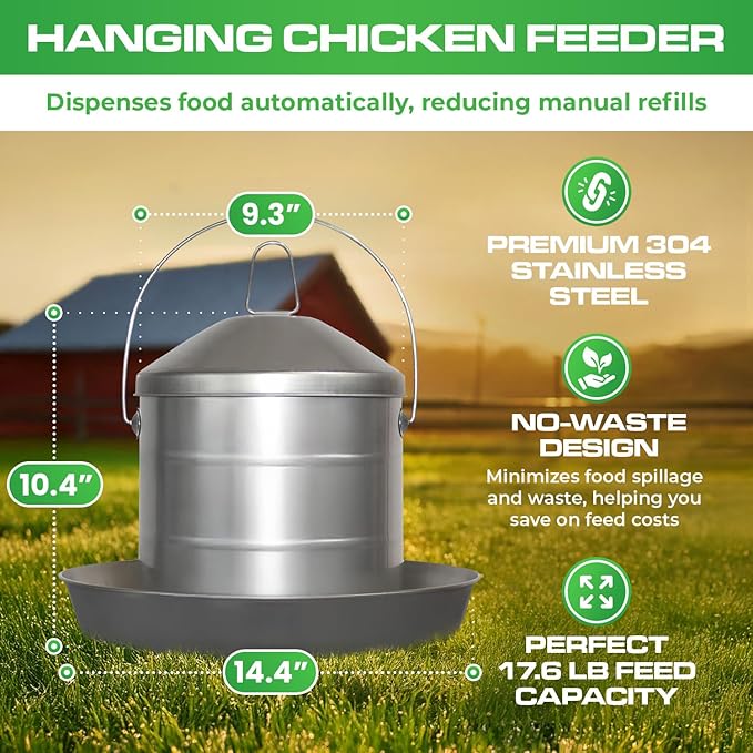 Plexon 17.6 Lb Stainless Steel Hanging Chicken Feeder no Waste Food-Grade Large - Poultry Feeder for Chicken Metal - Heavy Duty Reliable Long-Lasting with Handle