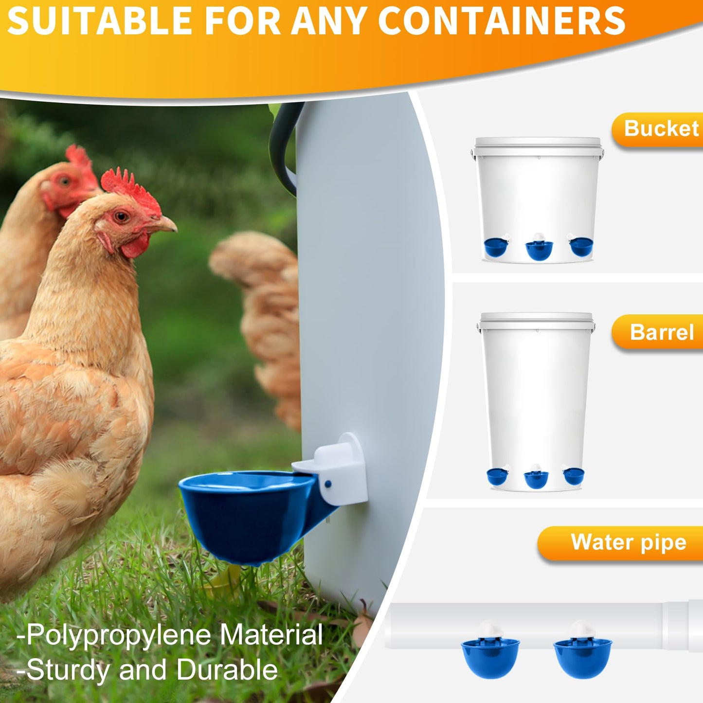 Chicken Water Cups 12pcs - Automatic Filling Waterer Feeder, Gravity DIY Poultry Watering System, Chicken Water Dispenser Bowl, Chicken Coop Accessories for Hens, Duck, Goose, Turkey (Blue)