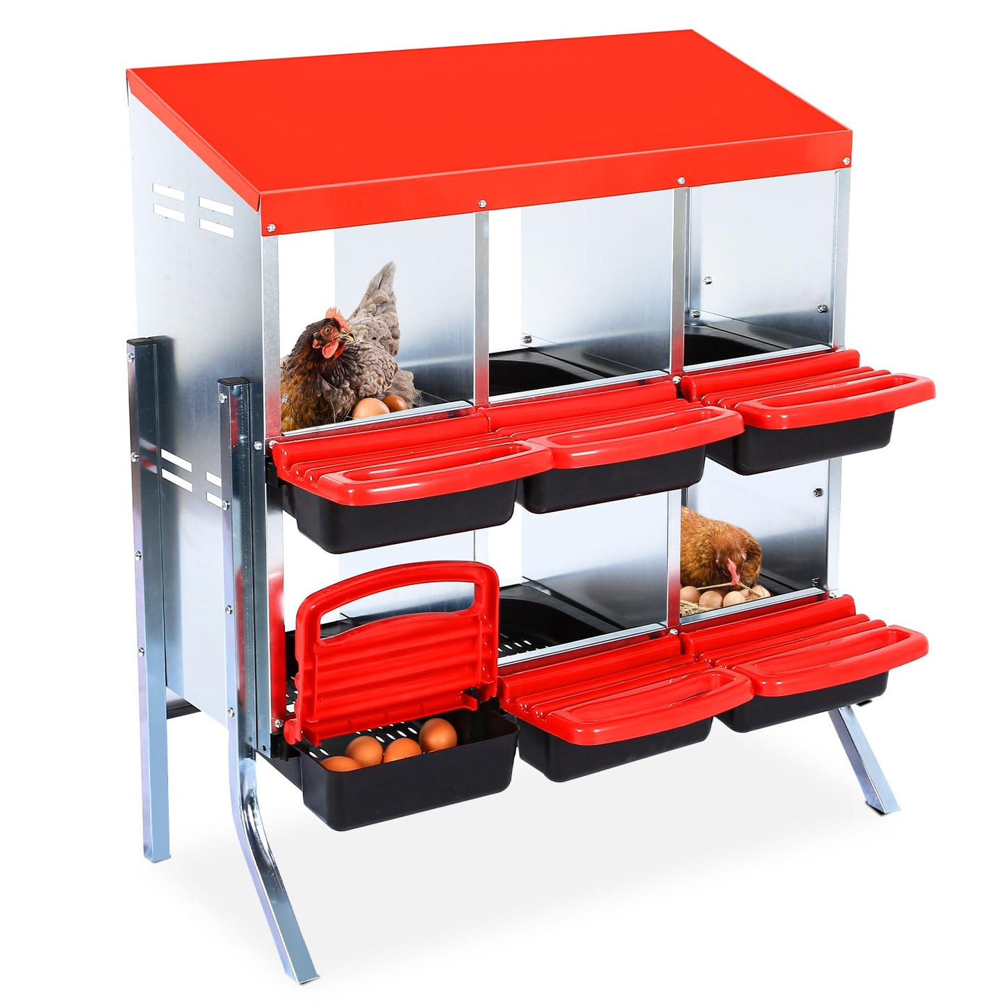Chicken Nesting Boxes for Laying Eggs, 6 Compartment Nesting Boxes for Chickens, Roll Away Chicken Laying Box for Chicken Hens Poultry, with Legs, Red