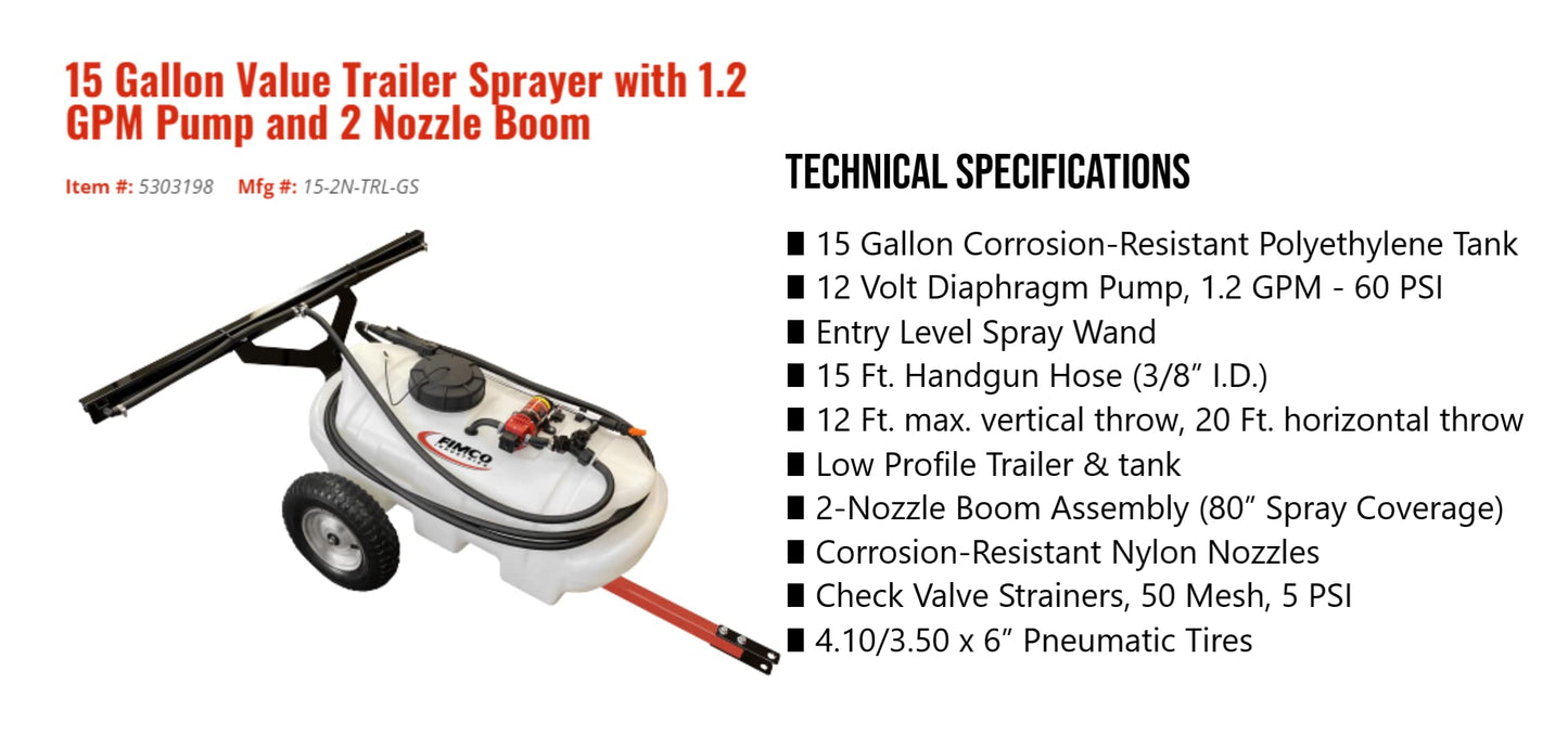 FIMCO 5303198 15-Gallon Trailer Sprayer with Powerful 1.2 GPM Pump, 2-Nozzle Boom, DU-Most Heavy-Duty Walnut Hand Scrub & Cleaner 16oz, Perfect for Lawn, Garden & Farm Use