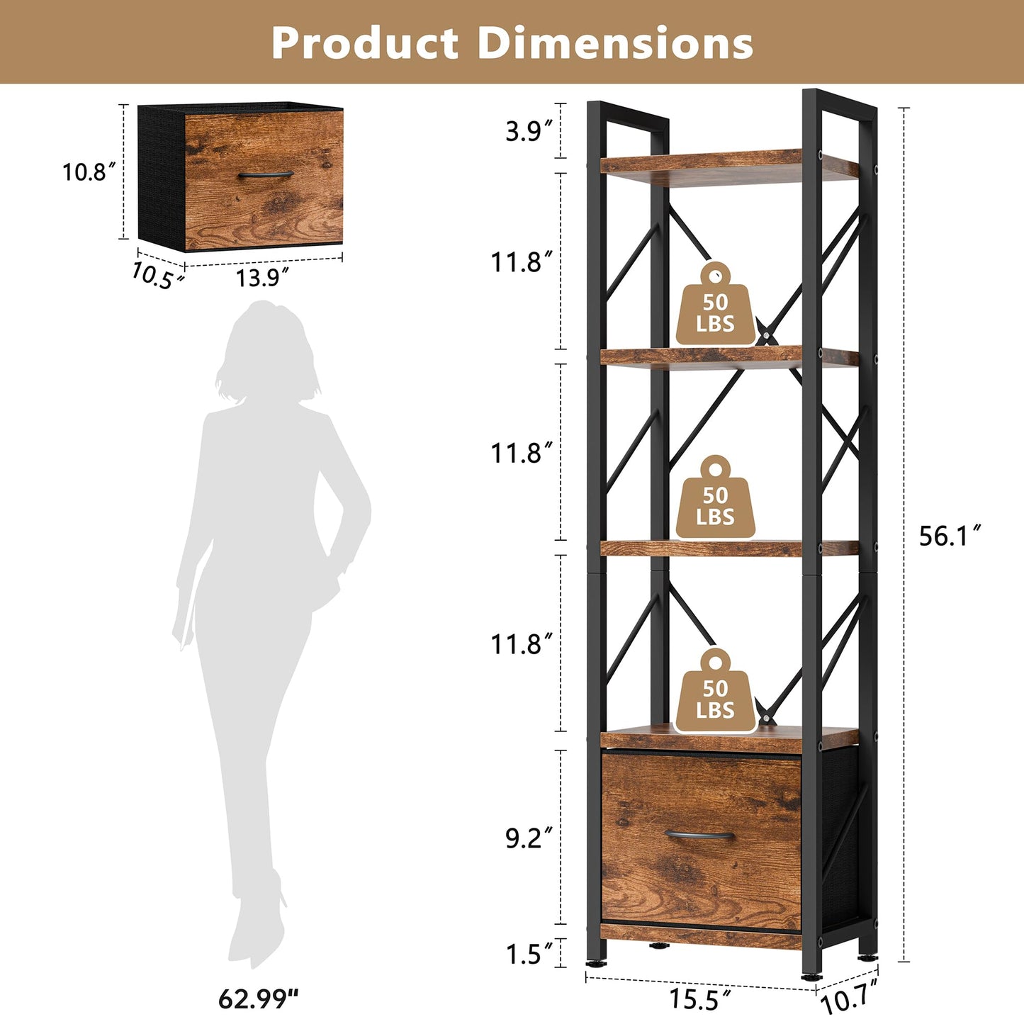 Shintenchi Bookshelf, 5 Tier Bookcase with Drawer,Home Office Bookcase Shelf Storage Organizer,Metal and Wood Industrial Bookshelves for Bedroom, Living Room and Home Office,Rustic Brown