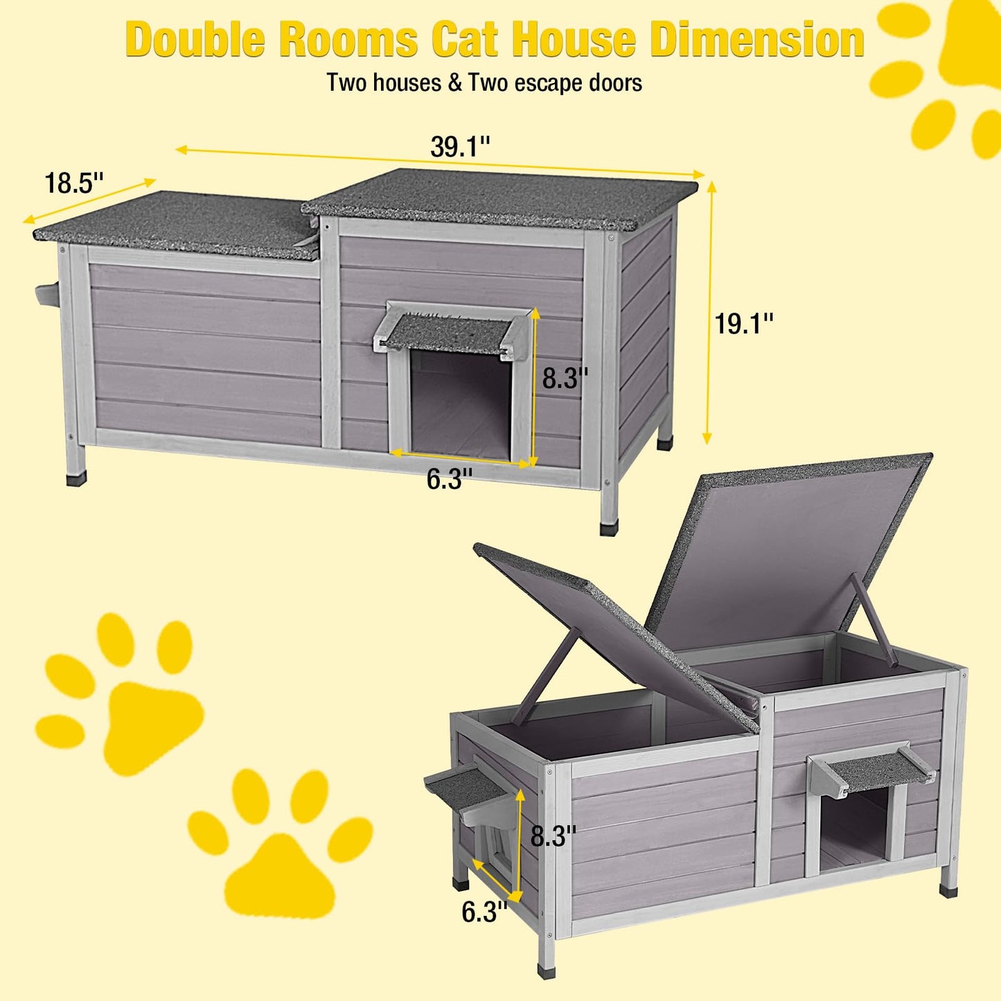 Aivituvin Outdoor Cat House，Double Rooms Waterproof Outside Feral Cat Shelter for Winter 100% Wood