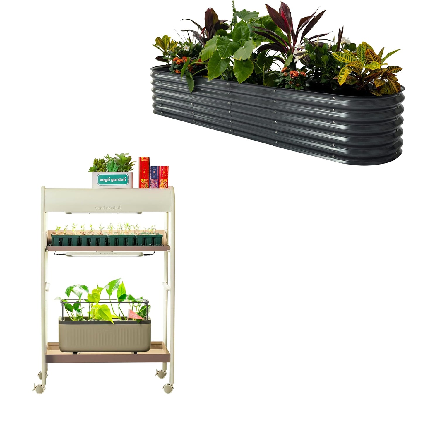 17" Classic 9 in 1 Garden Bed & 2-Tiered Metal Plant Stand with Grow Lights