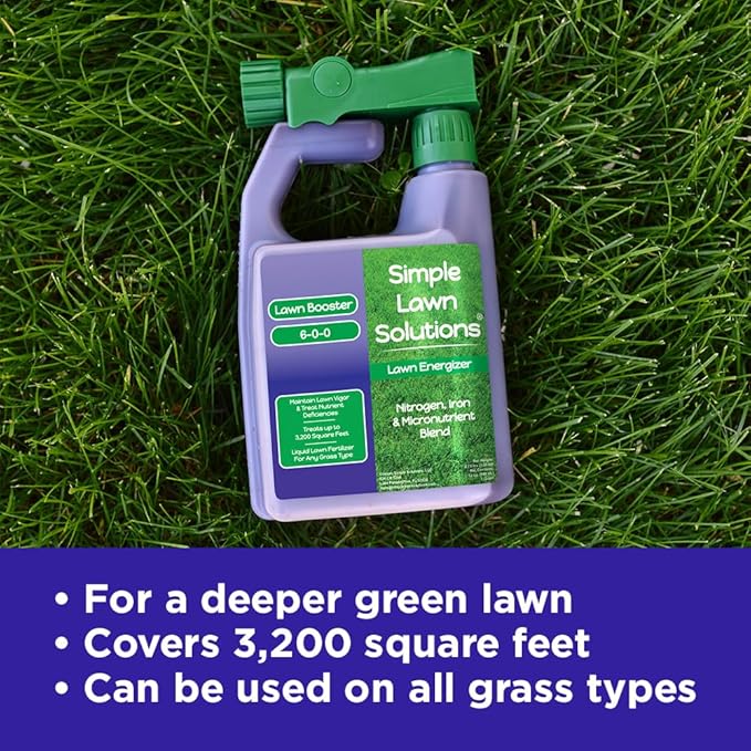 Commercial Grade Lawn Fertilizer with Iron- Liquid Fertilizer Spray- Nitrogen and Iron for Deeper Green Turf- Any Grass Type - Simple Lawn Solutions - Lawn Energizer - 32 Ounce