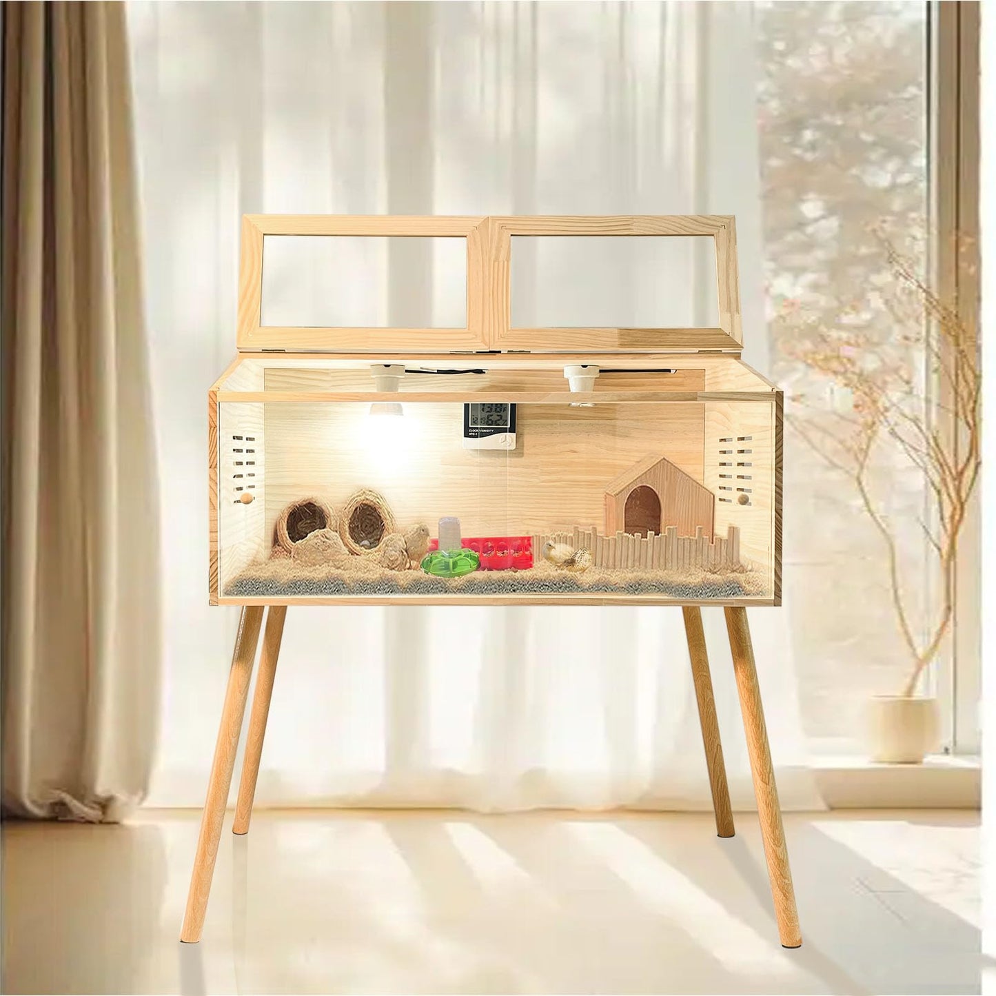 Fengxin Brooder Box for Chicks,Quail cage,Quail coop,Kit with Heat,Chick Brooder Box with Sliding Door,with Thermostat,Table Legs, Temperature and Humidity Meter (31.5×16×16 inches)