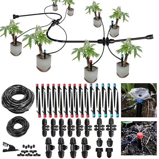 Automatic Drip Irrigation System,100FT Adjustable Complete Drip Irrigation System for Garden and Raised Beds,Greenhouse,Lawn with 5/16" and 1/4" Irrigation Tubing,Drip Emitters,Lock Barbed Fittings