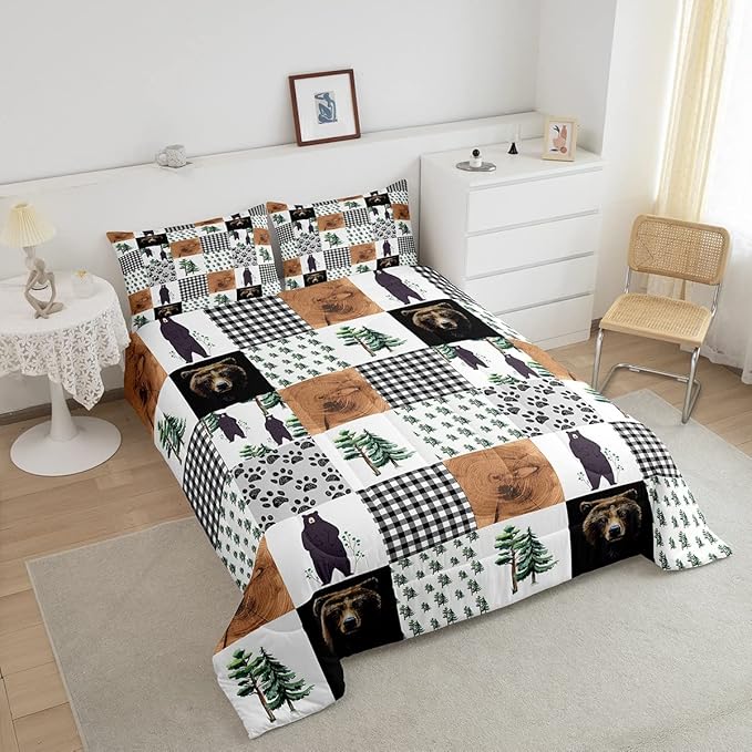 Kids Rustic Black Bear Comforter Set King Woodland Animal Bedding Set For Boys Teen Men,Patchwork Black White Grey Buffalo Plaid Comforter Farmhouse Wooden Pine Tree Bear Paw Quilt Duvet 3 Pcs