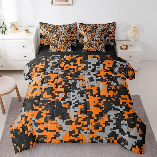 jejeloiu Orange Camouflage Comforter Set with Sheets for Kids Boys Camo Bed in a Bag Twin Size Military Style Vintage Abstract Geometric Disruptive Pattern 7 Pieces Bedding Set Bedroom Decor Soft