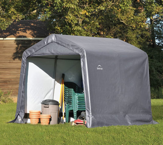 ShelterLogic 8' x 8' x 8' Shed-in-a-Box All Season Steel Metal Peak Roof Outdoor Storage Shed with Waterproof Cover and Heavy Duty Reusable Auger Anchors