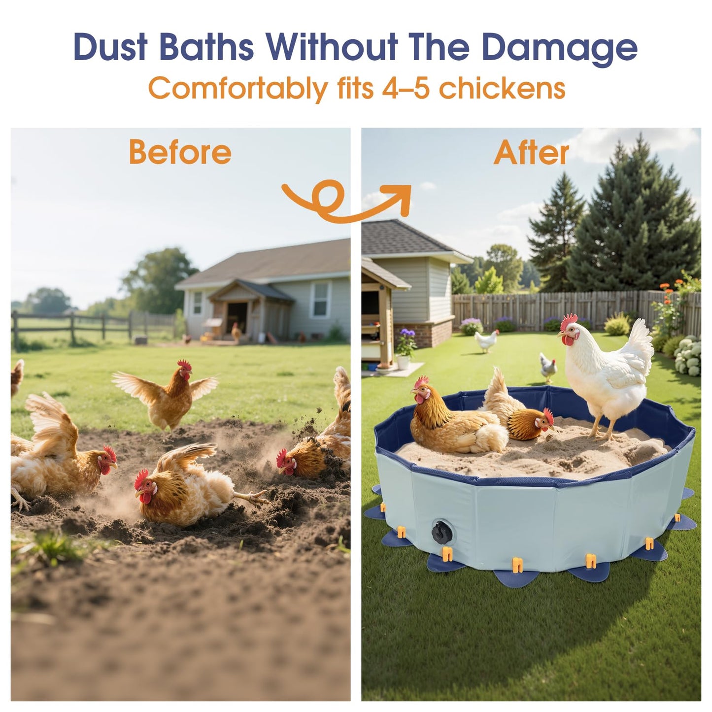 Chicken Dust Bath Tub, 31.5'' D * 7.9'' H Chicken Dust Bath Container with 16 Ground Stakes, Foldable Design, Tough PVC, Dust Bath for Chicks, Chicken House Cleaner Container, Chicken Coop Accessories