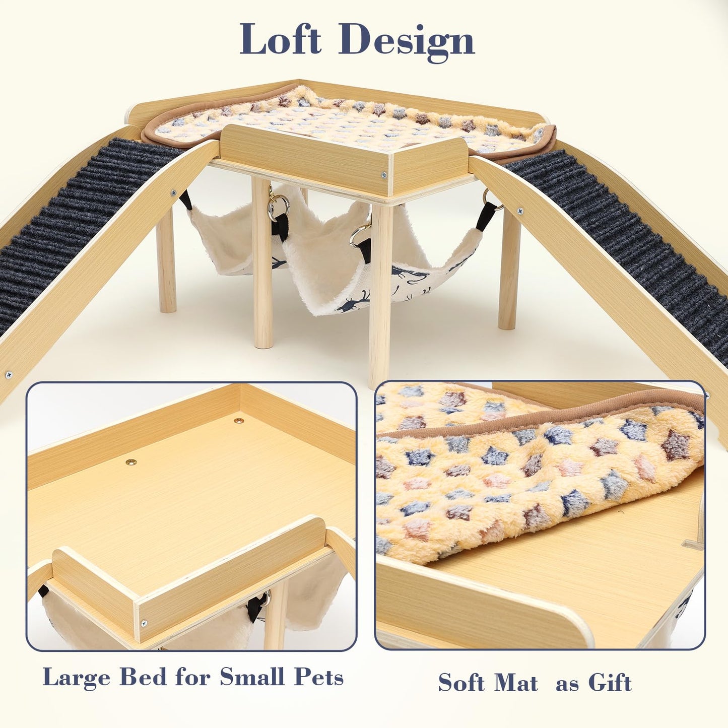 GHWMYD Guinea Pig Hideout Castle, Wooden Chinchilla House with 2 Stairs and Hammock, Small Animals Habitats Hut Accessories for Hamsters Bunny Rabbit Hedgehog Playing Hiding, Easy Assembly
