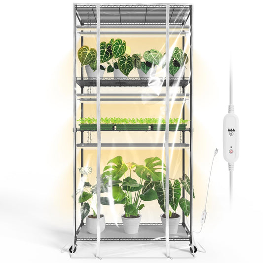 Bstrip Indoor Greenhouse with Grow Light, Tall Green House with 6 Pack T5 Full Spectrum Plant Lights with Timer, Plant Shelf with Tent for Indoor Plant, Seed Starting, Seed Tray, 35.4"x13.8"x70.8"