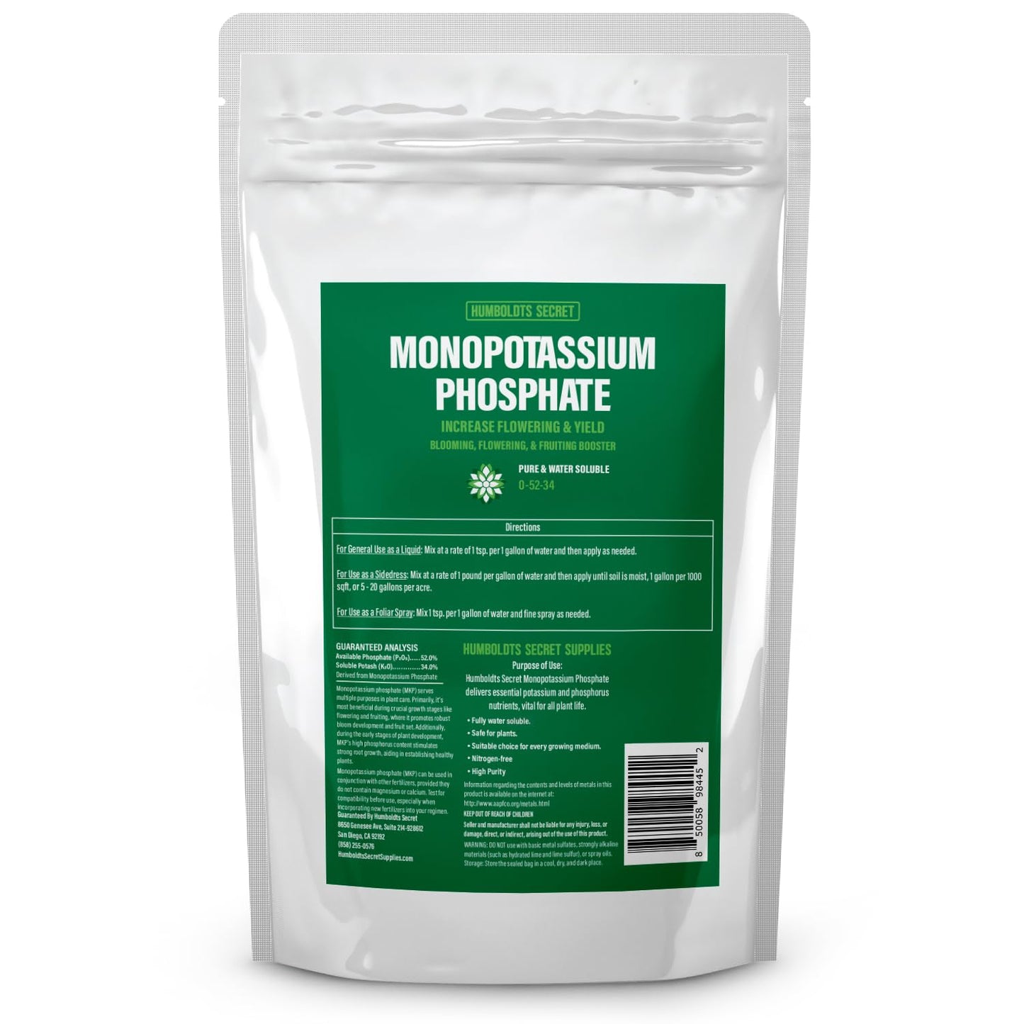 Humboldts Secret Monopotassium Phosphate 0-52-34 | MKP Fertilizer Bloom Booster for Flowers, Fruits & Vegetables | High Purity Water Soluble Phosphorus and Potassium Plant Food | 5 lb