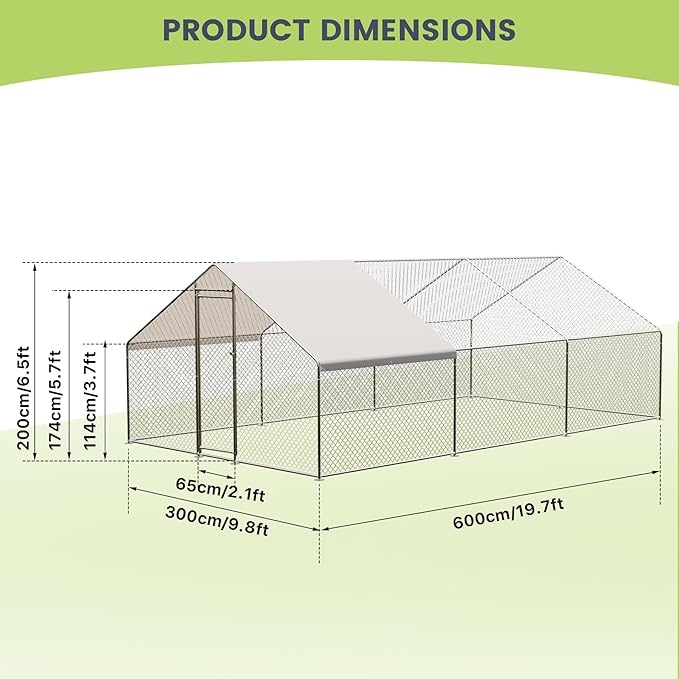 Large Metal Chicken Coop, Large Chicken Pen, Chicken Runs for Yard with Waterproof and Anti-UV Cover, Duck Rabbit House Outdoor (9.8'L x 19.7'W x 6.5'H)