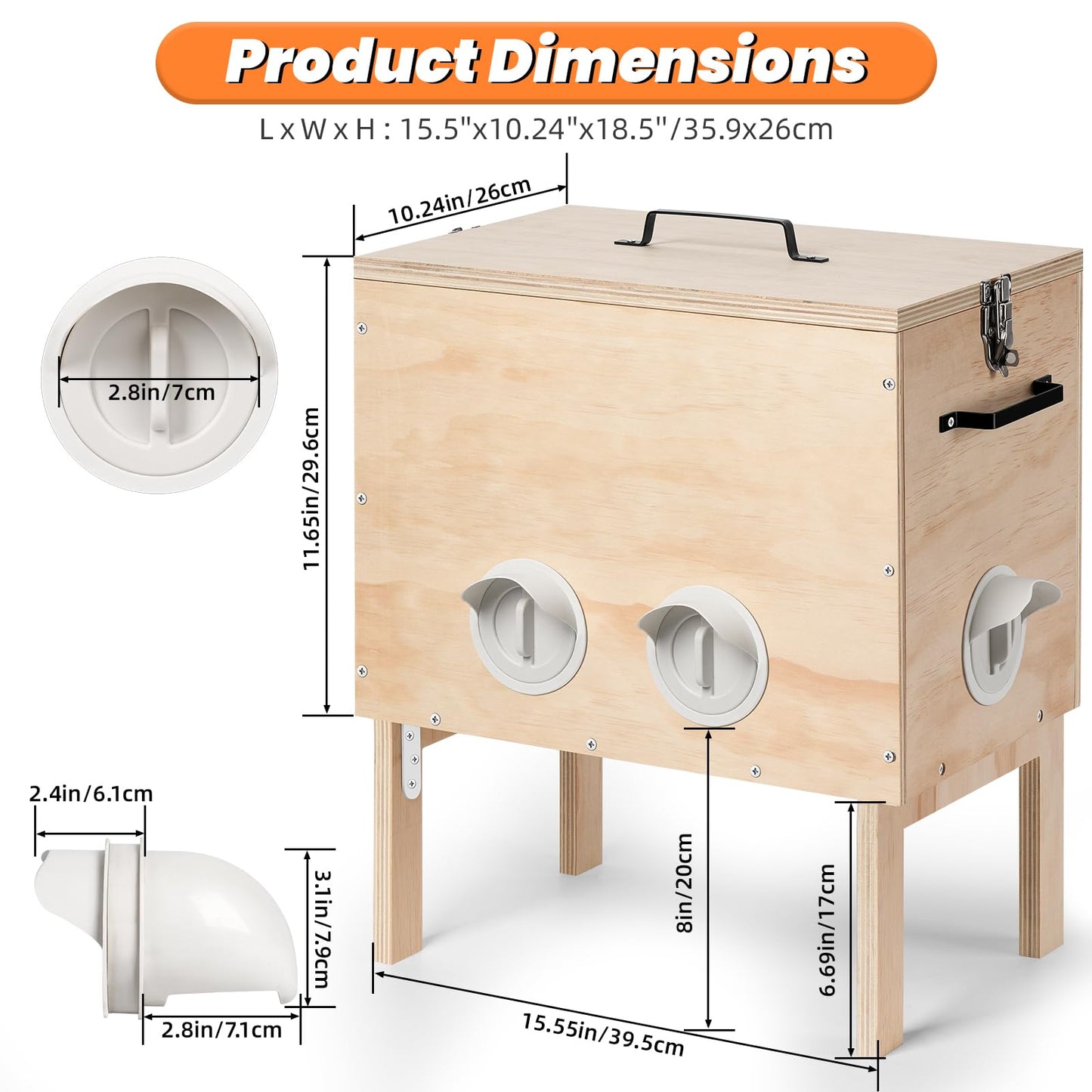 Automatic Chicken Feeder, 40 lb Capacity 6 Port Wooden Chicken Feeders with Locking Lid & Handle for Chickens, Geese, Ducks, Turkeys, Quails