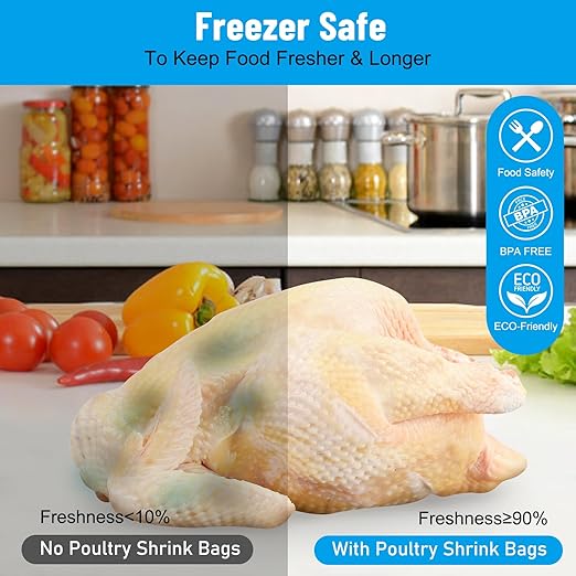 Large Turkey Shrink Bags, Pack of 25, 16"x 30" Clear Poultry Bags, Heat Wrap Freezer BPA Free Food Safe Storage for Turkeys, Chickens, Rabbits, With 25 Zip Ties and Silicone Straw