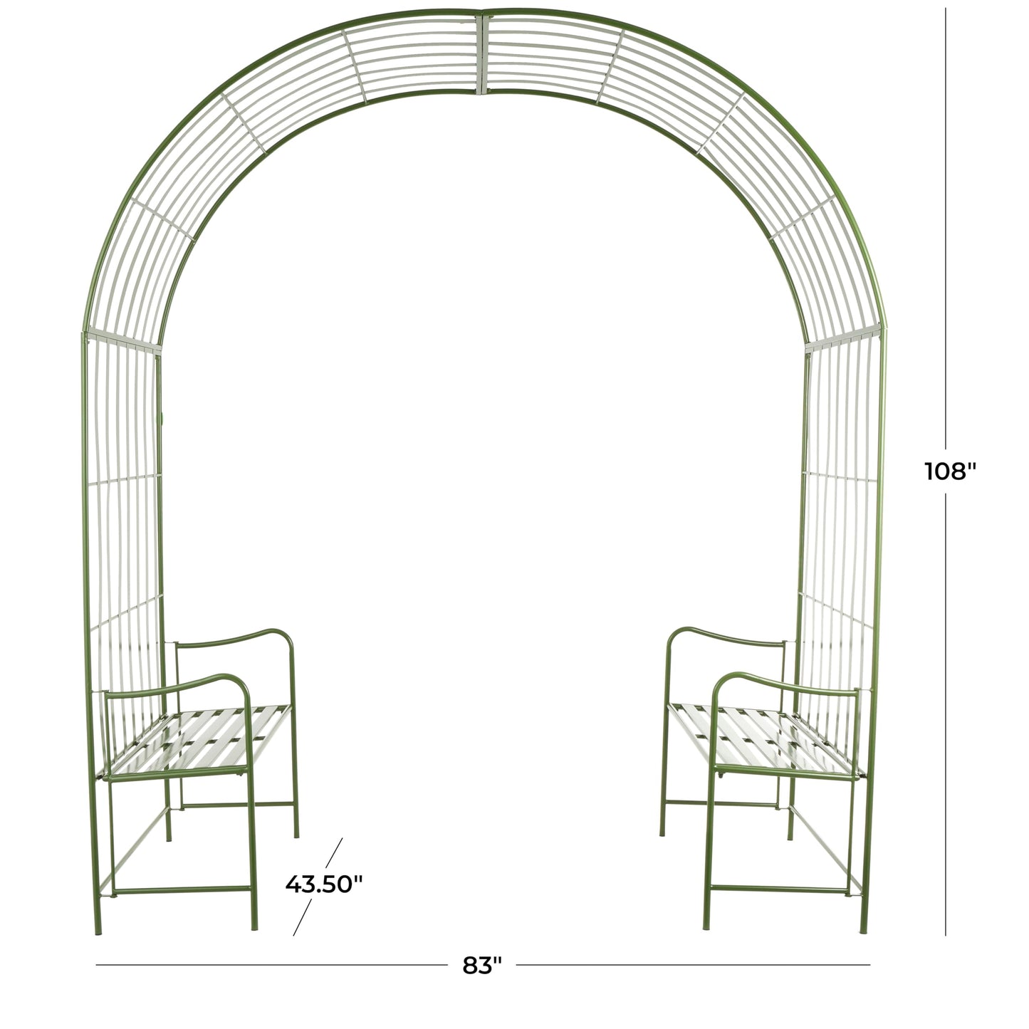 Deco 79 Metal Garden Arbor Large Arched with 2 Attached Benches, 83" x 44" x 108", Green