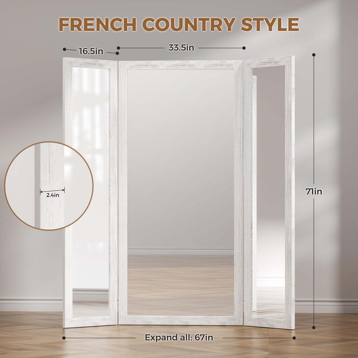 3 Way Full Length Trifold Mirror with Tempered Glass, 3 Panel Oversized Extra Large Free Standing Mirror with Rustic Wood Frame, for Wedding Dress/Clothing Shop/Bedroom/Closet, 71"x67", RusticWhite
