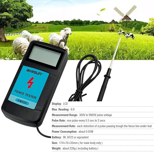 allsun Digital Electric Fence Tester Fault Voltage Meter, Auto On/Off for Pulse Detection 300V-9900V (9.9kV Display) Gardening Tool