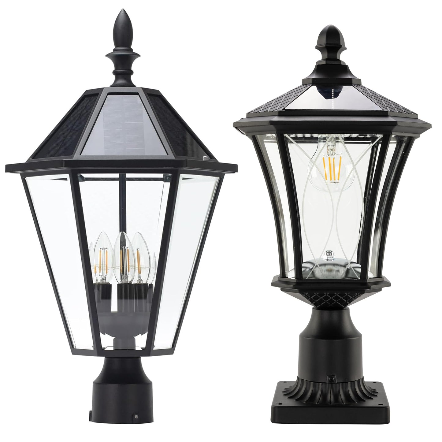 LUTEC Outdoor Solar Lamp Post Light with Pier Mount Base, Dusk to Dawn Waterproof Pole Light Head, Exterior Black Solar Powered Fence Post Light Fixtures for Outside