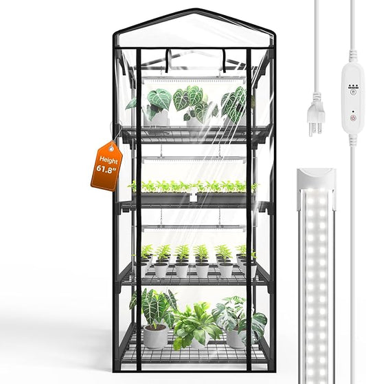 Bstrip Indoor Greenhouse with Grow Light, Mini Green House with 4 Pack 20W Full Spectrum Plant Lights with Timer, Plant Shelf with Tent for Indoor Plant, Seed Starting, Seed Tray, 27.2"x19.9"x61.8"