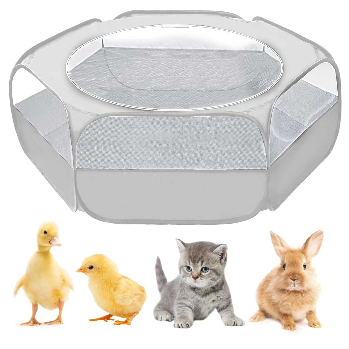 UWE Small Animal Playpen, Chicken Brooder Box with Cover Top, Portable Outdoor Exercise Pet Cage Tent, Waterproof Breathable Pet playpen Indoor for Chick Ktiien Bunny Hamster Guinea Pig, Grey
