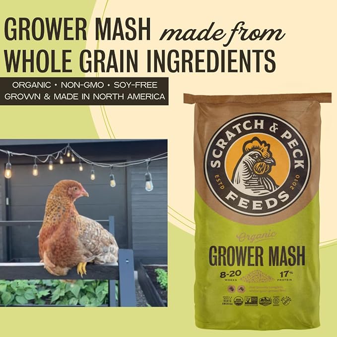 Scratch and Peck Feeds Whole Grain Grower Mash Chicken and Duck Feed - 25 lbs Bag - Corn-Free and Soy-Free - 17% Protein, Certified Organic and Non-GMO Project Verified Chicken Food