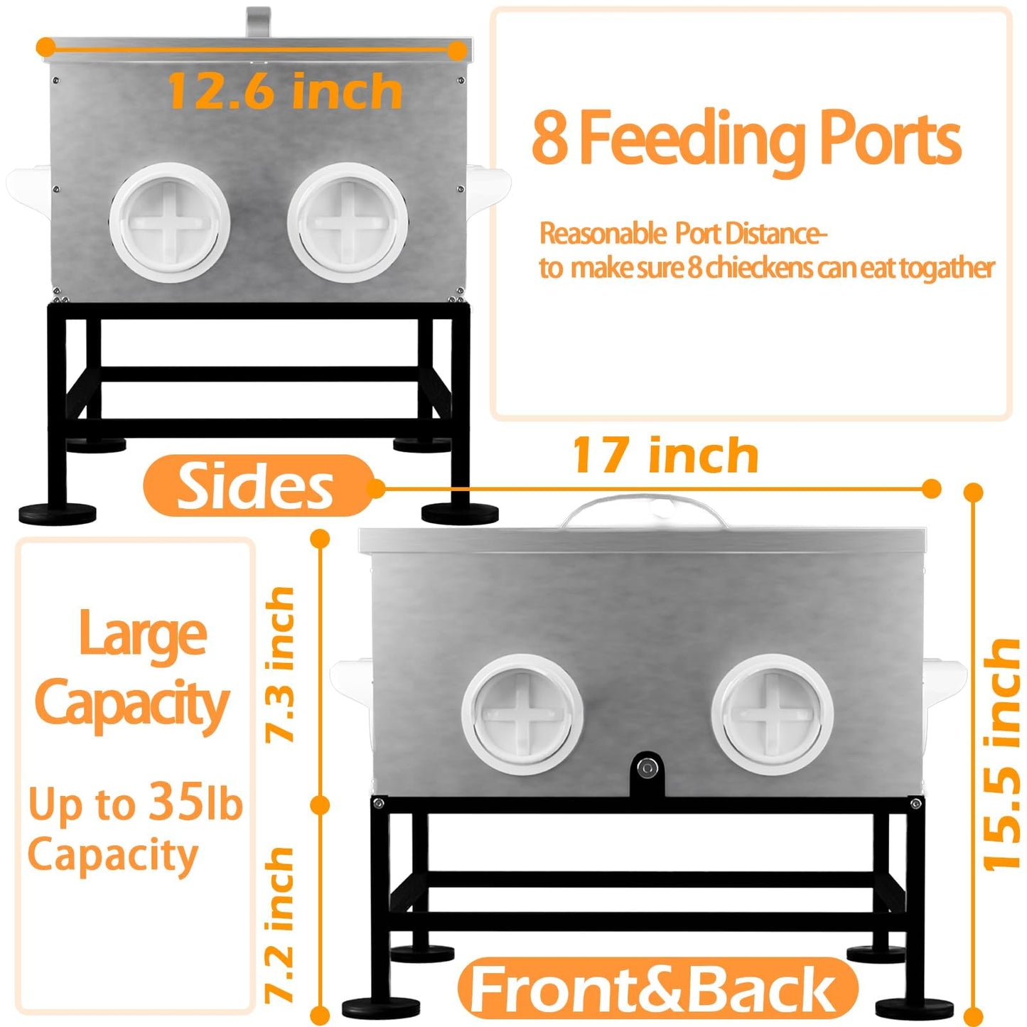 Automatic Chicken Feeder No Waste, 35lb 8 Ports Large Galvanized Metal Chicken Feeders Rodent Proof with Locking Lid and Upgraded Stands for Hen Coop